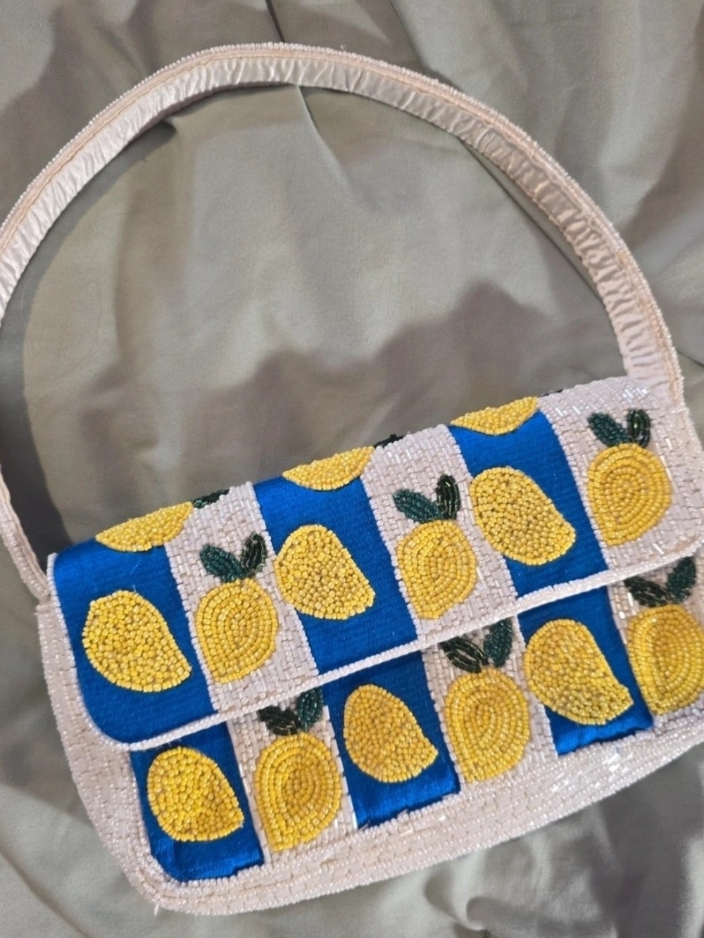 Primark Beaded Lemon-Print Shoulder Bag in Blue, Yellow and White
